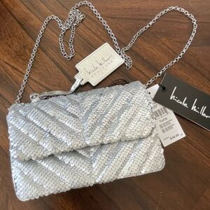 NEW‎ Nicole Miller Crossbody Bag Purse Silver Sequin Chevron Chain Strap